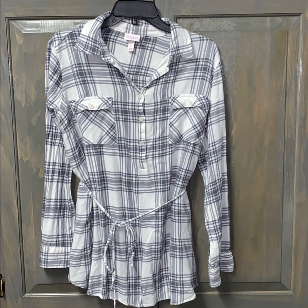 Maternity plaid half button down shirt